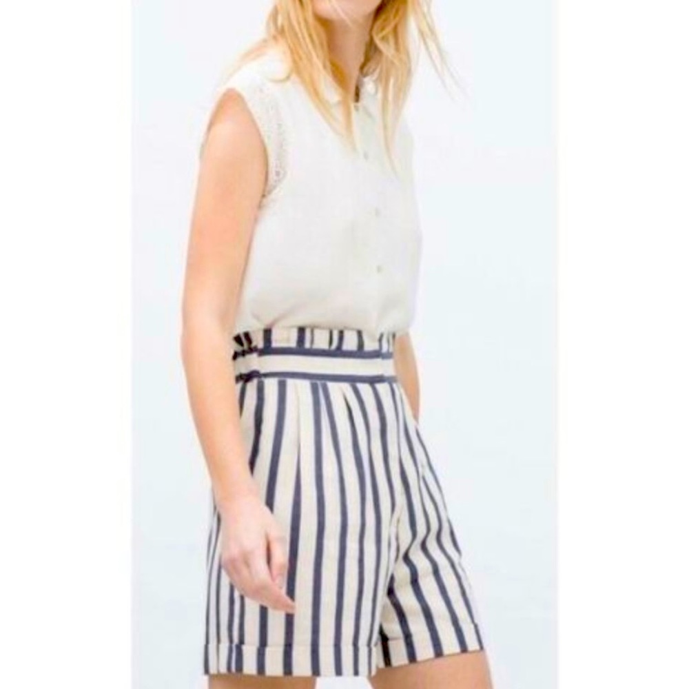 Zara High Waist White Blue Stripe Shorts S Cuff Nautical Preppy